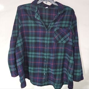 Green and Blue Plaid Button-Up Shirt